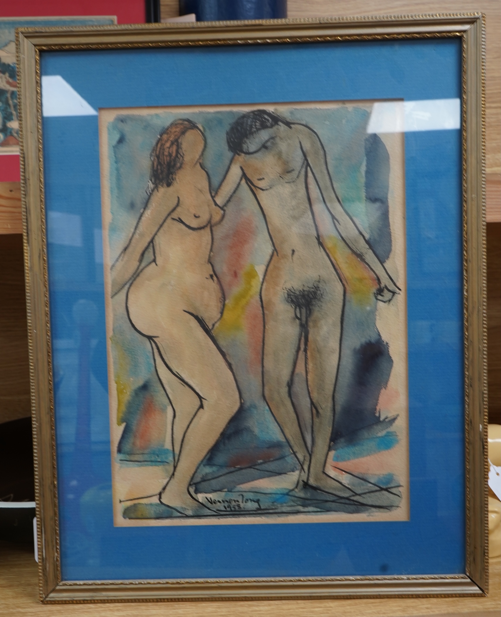 Vernon Long (20th. C), Study of two nude figures, signed and dated 1958, ink and watercolour, 35 x 25cm